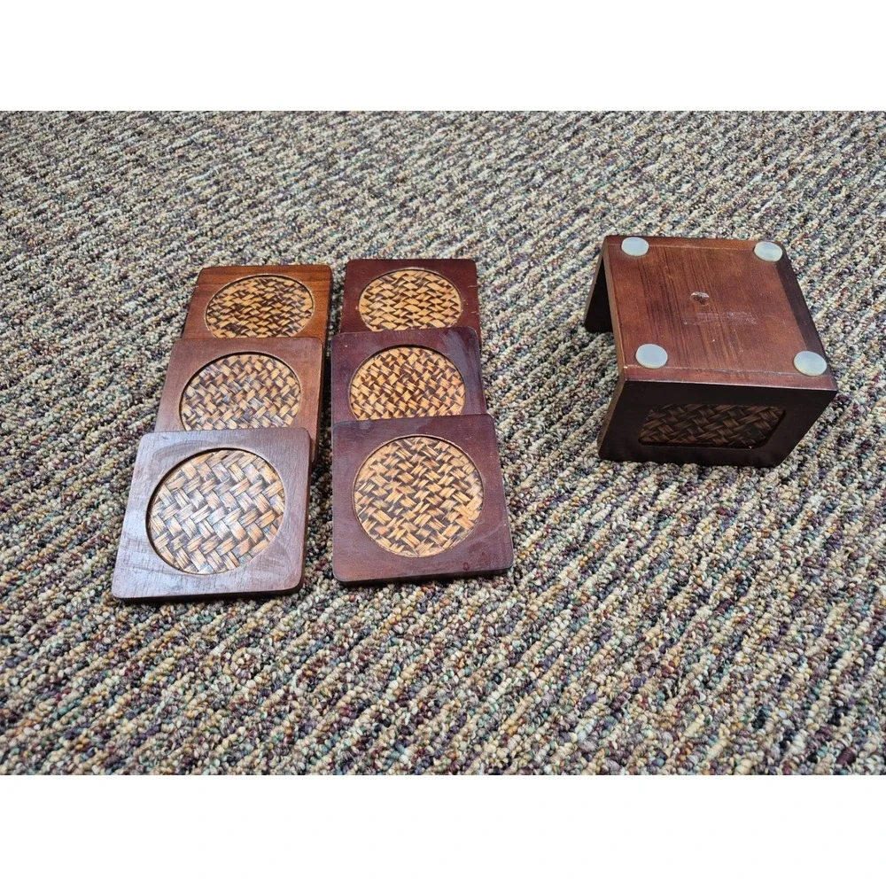 Vintage Wood and Woven Rattan Coaster Set‎ w Matching Holder 6 Piece Boho Decor